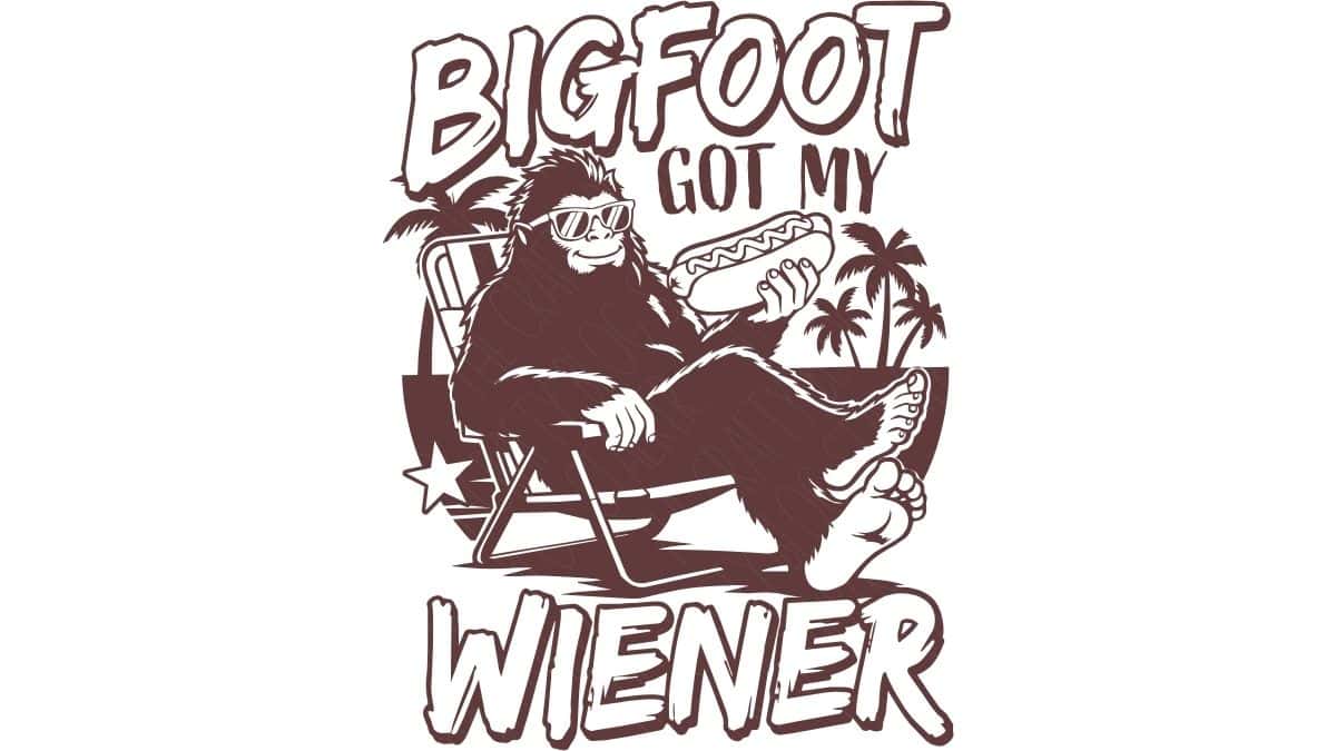 Bigfoot lounging in a beach chair holding a hot dog with the humorous phrase "Bigfoot Got My Wiener" in a beach-themed SVG design.
