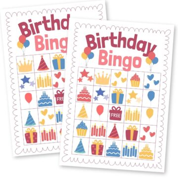Two colorful Birthday Bingo printable cards featuring birthday-themed icons including cakes, balloons, gifts, cupcakes, candles, and party hats.