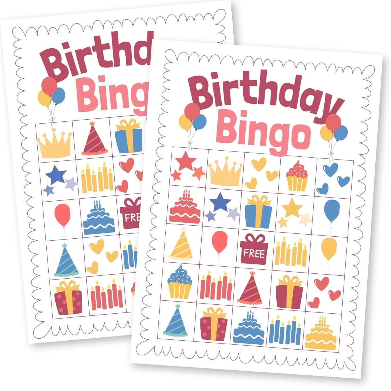 Two colorful Birthday Bingo printable cards featuring birthday-themed icons including cakes, balloons, gifts, cupcakes, candles, and party hats.