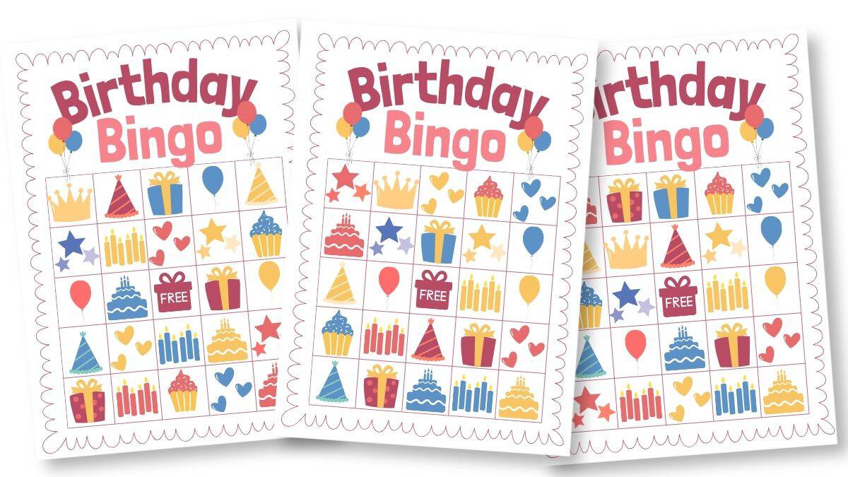 Three colorful Birthday Bingo printable cards featuring birthday-themed icons including cakes, balloons, gifts, cupcakes, candles, and party hats.