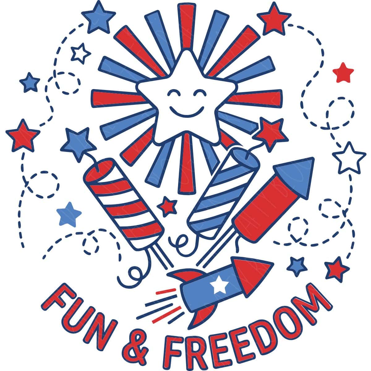 Patriotic fireworks graphic with smiling star, rockets, red, white, and blue stars, and the phrase “Fun & Freedom” in a festive design.
