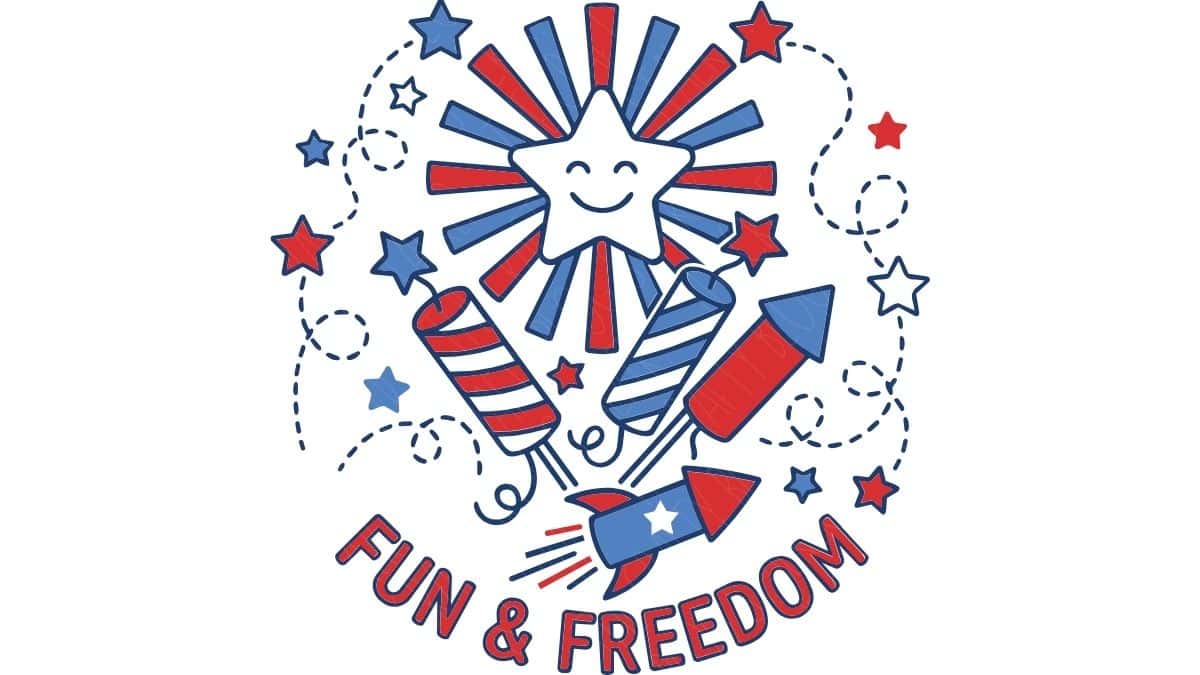 Patriotic fireworks graphic with smiling star, rockets, red, white, and blue stars, and the phrase