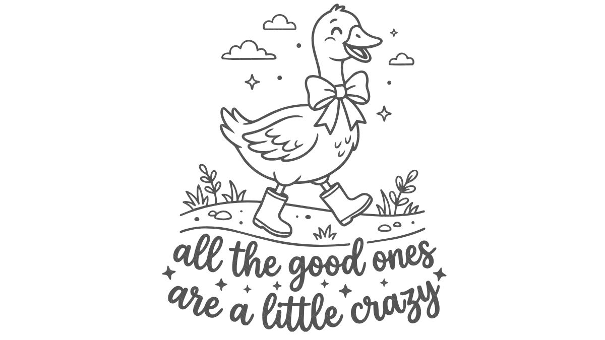 Black-and-white SVG design of a goose wearing rain boots and a bow, with the phrase