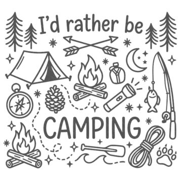Black-and-white SVG design with the phrase “I’d Rather Be Camping” surrounded by a tent, campfire, trees, flashlight, fishing pole, and outdoor icons.