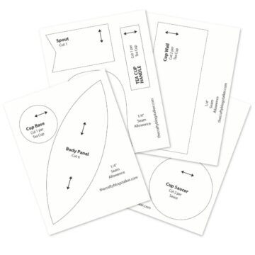 Printable sewing pattern pieces for a fabric teapot, tea cup, saucer, and handle, including labeled templates and seam allowance markings.