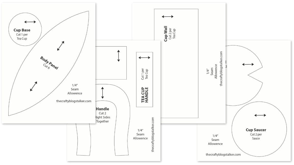 Printable sewing pattern pieces for a fabric teapot, tea cup, saucer, and handle, including labeled templates and seam allowance markings.