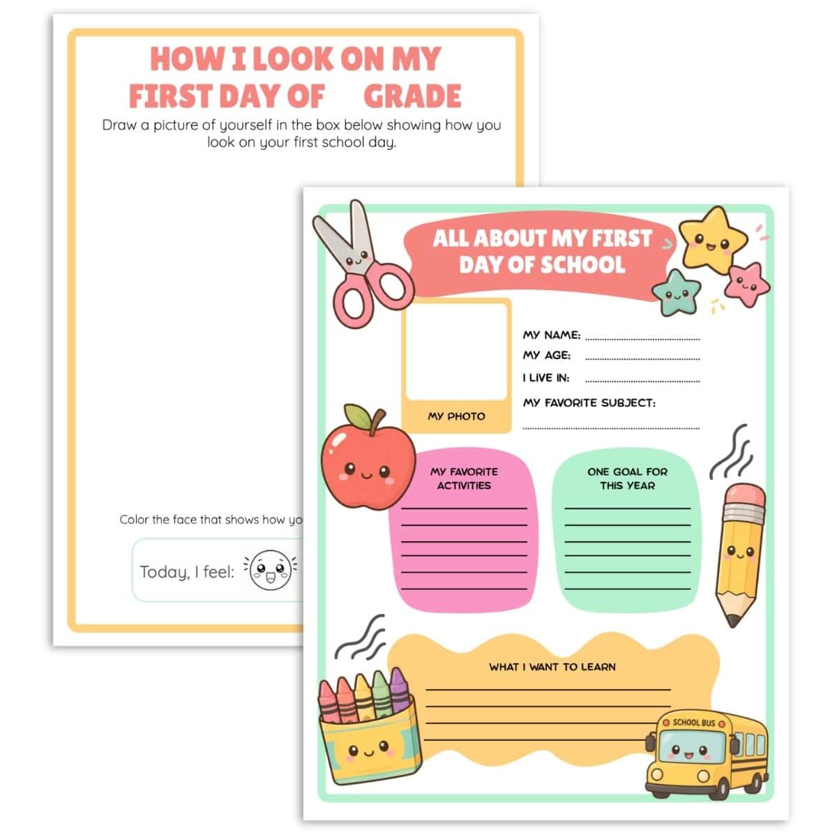 Printable first day of school activity worksheets with prompts for drawing, photos, favorite activities, goals, and feelings about the new school year.