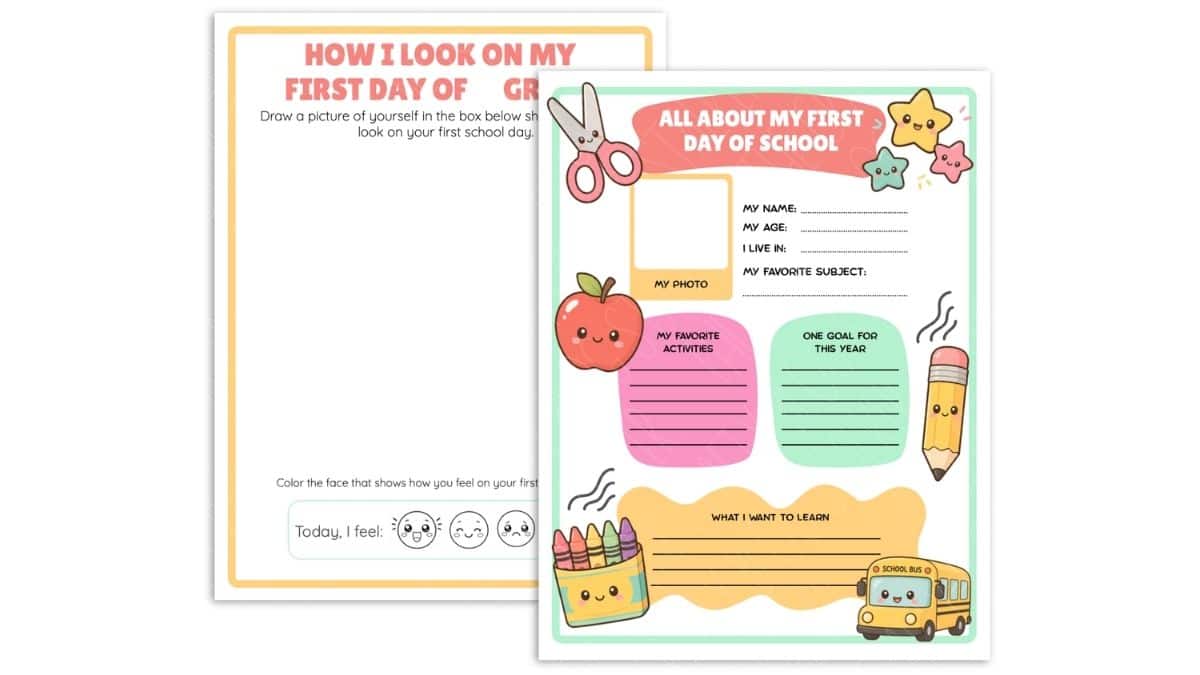Printable first day of school activity worksheets with prompts for drawing, photos, favorite activities, goals, and feelings about the new school year.