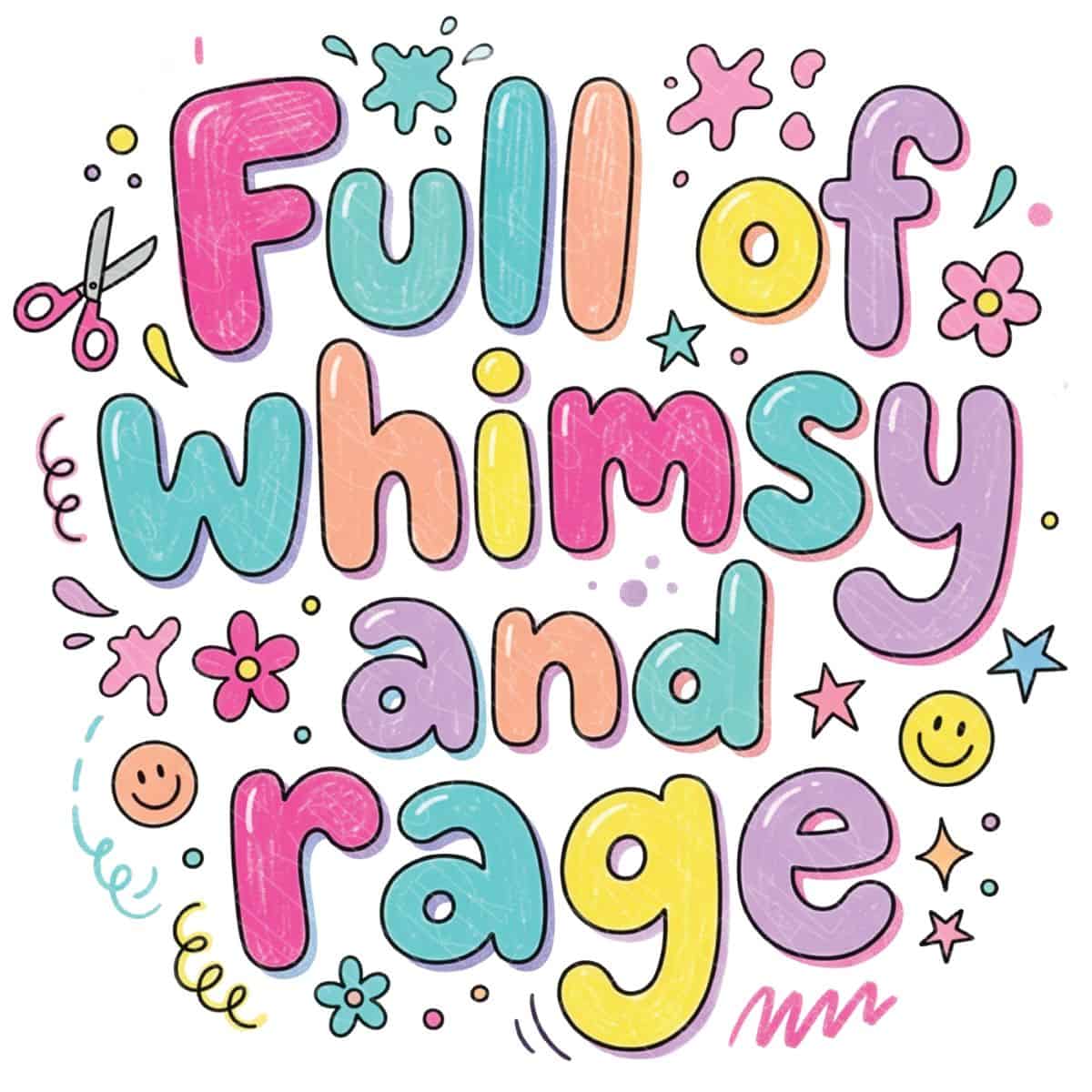 Full of Whimsy and Rage colorful PNG design with playful pastel lettering, stars, flowers, smiley faces, and doodles on a white background.