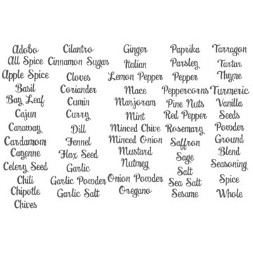 SVG file with kitchen spice and seasoning label words, including basil, oregano, garlic powder, paprika, cinnamon, thyme, and sea salt.
