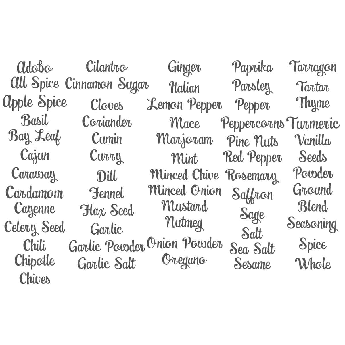 SVG file with kitchen spice and seasoning label words, including basil, oregano, garlic powder, paprika, cinnamon, thyme, and sea salt.