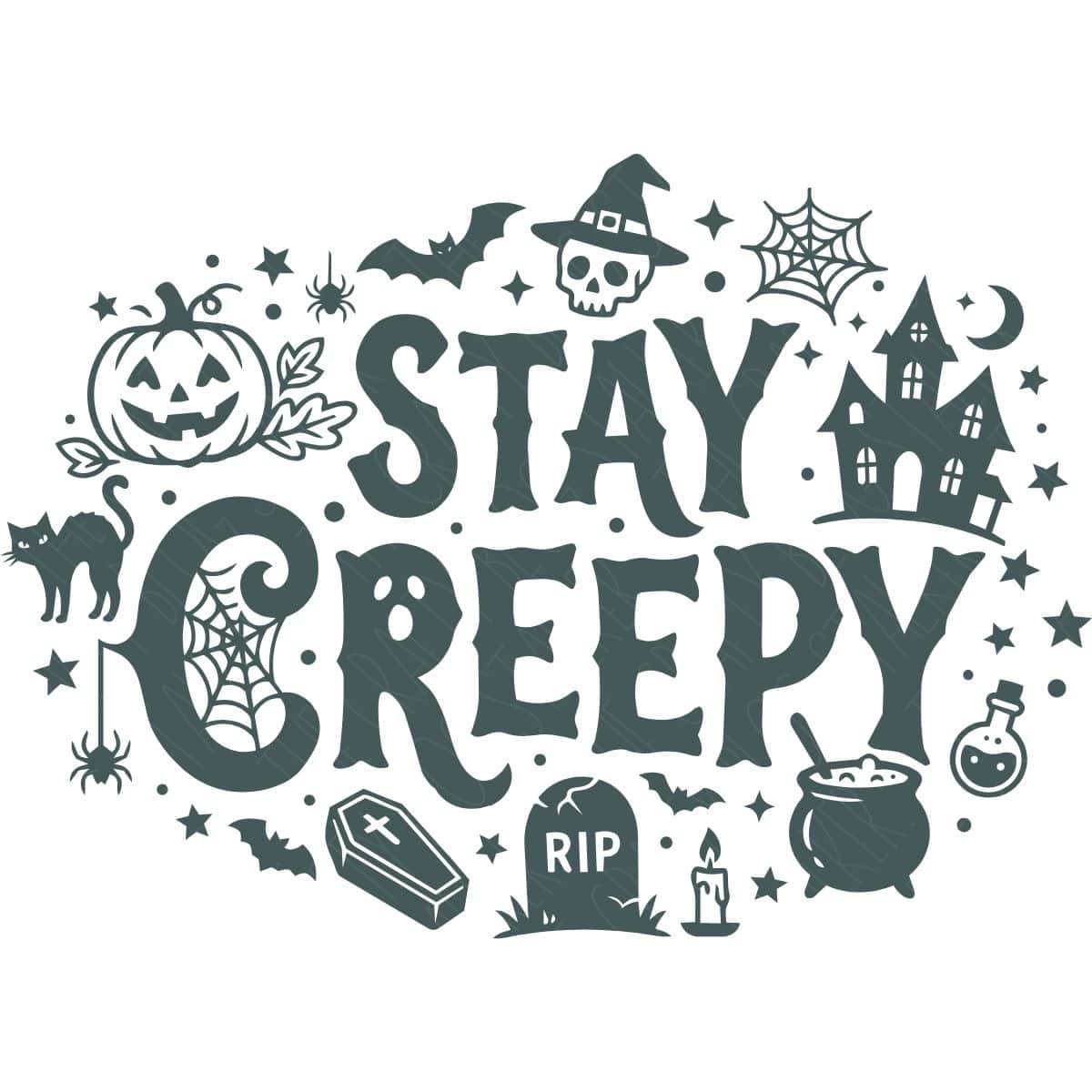 Black and white Stay Creepy SVG design with Halloween icons including a pumpkin, haunted house, skull, bats, cat, coffin, cauldron, and spider webs.