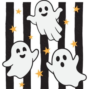 Three cute white ghost illustrations with different expressions floating among black stripes and scattered gold stars on a white background.