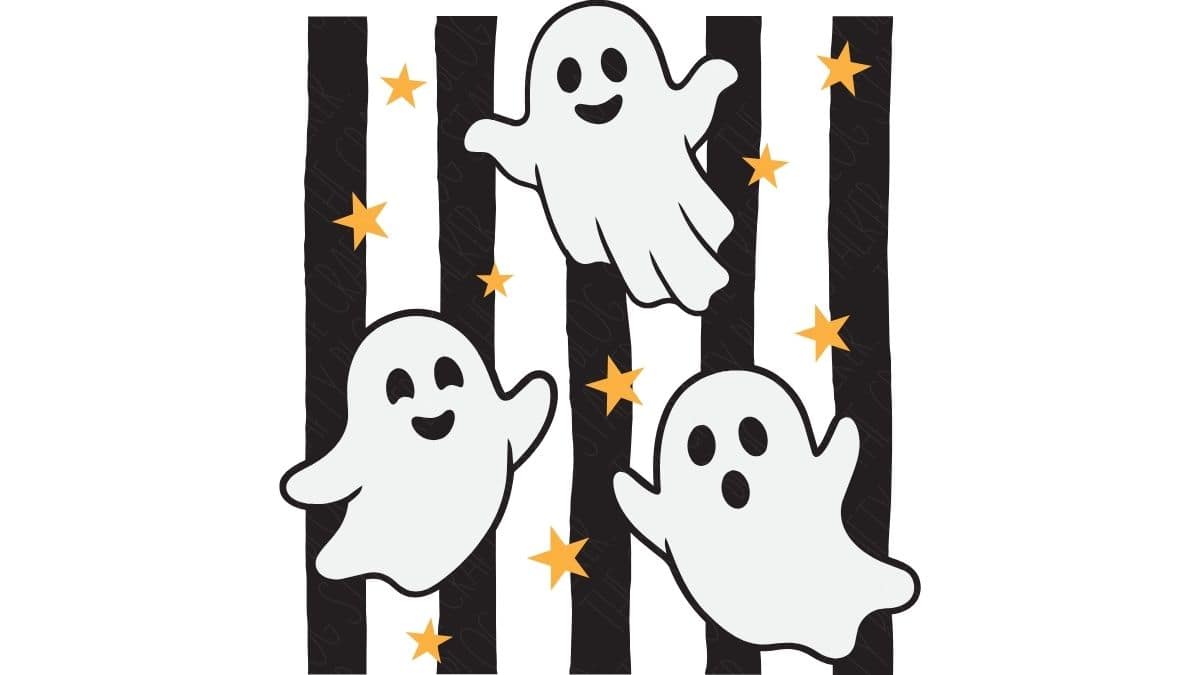 Three cute white ghost illustrations with different expressions floating among black stripes and scattered gold stars on a white background.