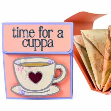 Handmade accordion fold card with a teacup design and Time for a Cuppa sentiment, shown closed and expanded to reveal decorative folded panels.