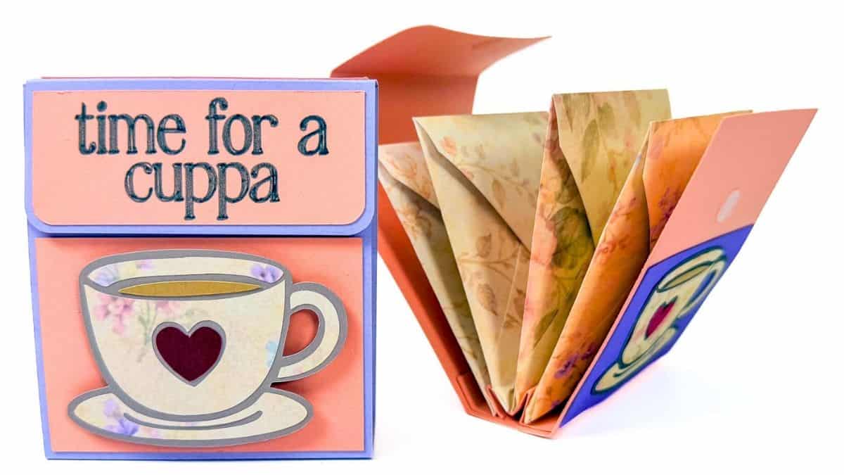 Handmade accordion fold card with a teacup design and Time for a Cuppa sentiment, shown closed and expanded to reveal decorative folded panels.
