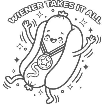 Cute black-and-white illustration of a smiling hot dog wearing a medal with the phrase "Wiener Takes It All" in playful lettering.