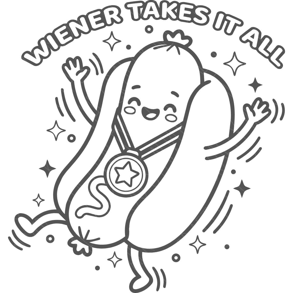 Cute black-and-white illustration of a smiling hot dog wearing a medal with the phrase "Wiener Takes It All" in playful lettering.