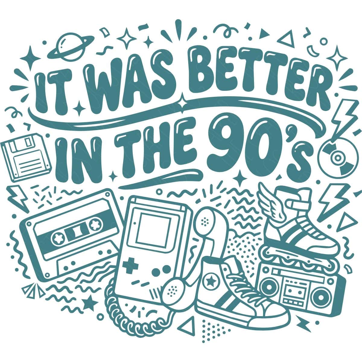 Teal 90s-themed SVG reading It Was Better in the 90's with retro icons including a cassette tape, roller skate, phone, and boombox.