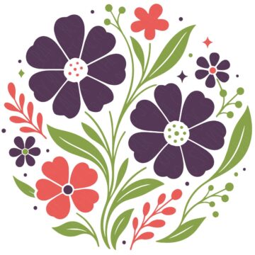 Boho wildflower design with purple and coral flowers, green leaves, stems, berries, and small decorative sparkles.