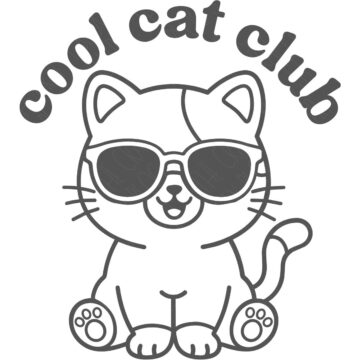 Cute cartoon cat wearing sunglasses with the words Cool Cat Club curved above its head.