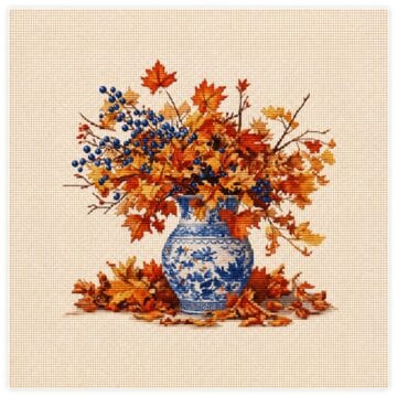 Preview of a printable cross stitch featuring a blue and white vase filled with autumn leaves and blue berries on cream Aida cloth.