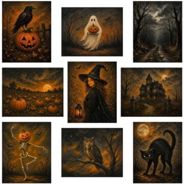 Halloween printable art bundle featuring a ghost, witch, haunted house, black cat, owl, skeleton, pumpkins, raven, and spooky forest.