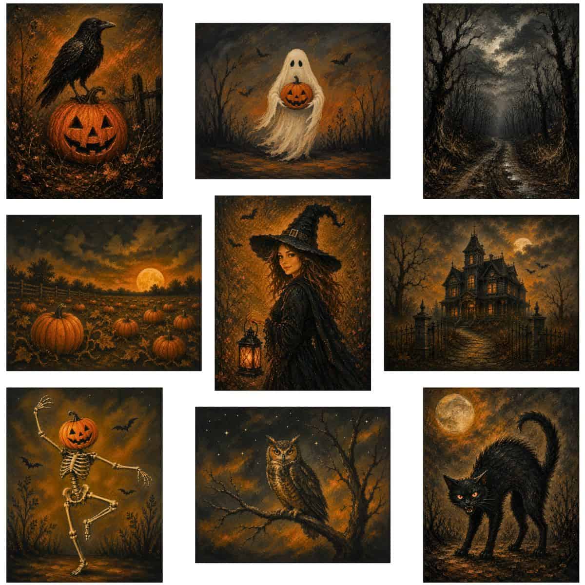Halloween printable art bundle featuring a ghost, witch, haunted house, black cat, owl, skeleton, pumpkins, raven, and spooky forest.
