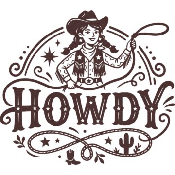 Howdy SVG design featuring a cowgirl with a lasso surrounded by Western stars, swirls, cowboy boot, cactus, and rope details.