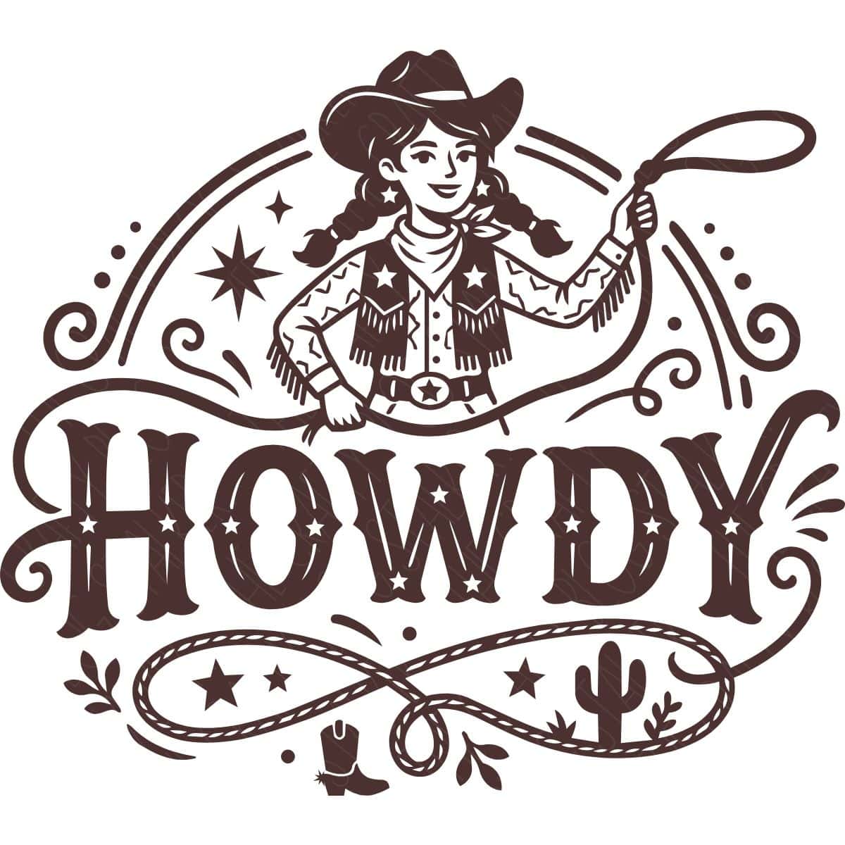 Howdy SVG design featuring a cowgirl with a lasso surrounded by Western stars, swirls, cowboy boot, cactus, and rope details.