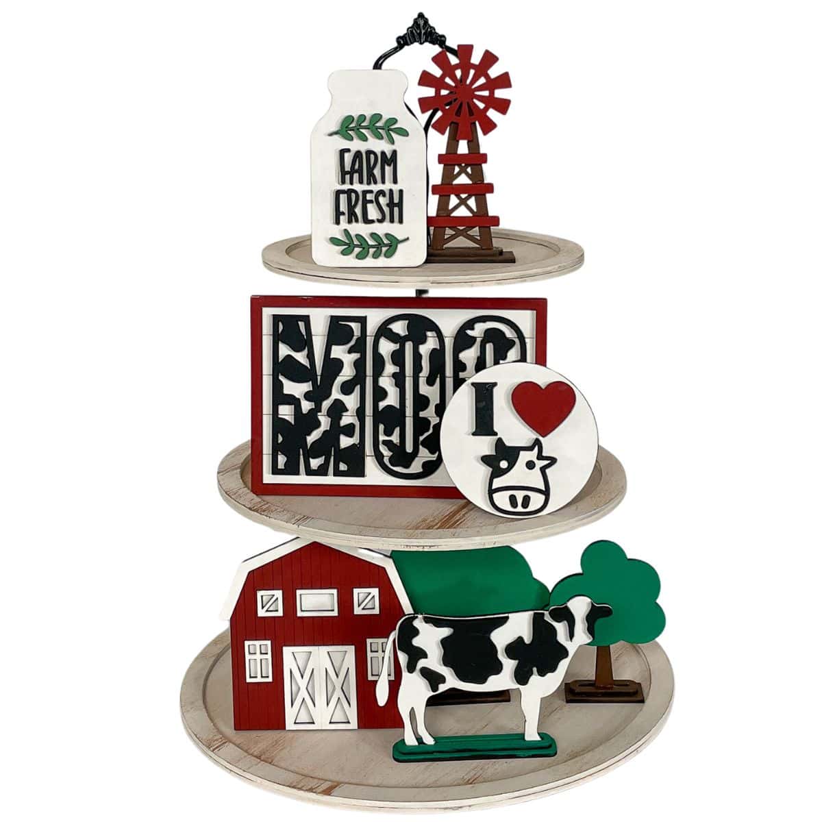 Laser SVG file preview featuring farmhouse tiered tray decor with a barn, cow, windmill, Farm Fresh sign, Moo sign, and I Love Cow design.