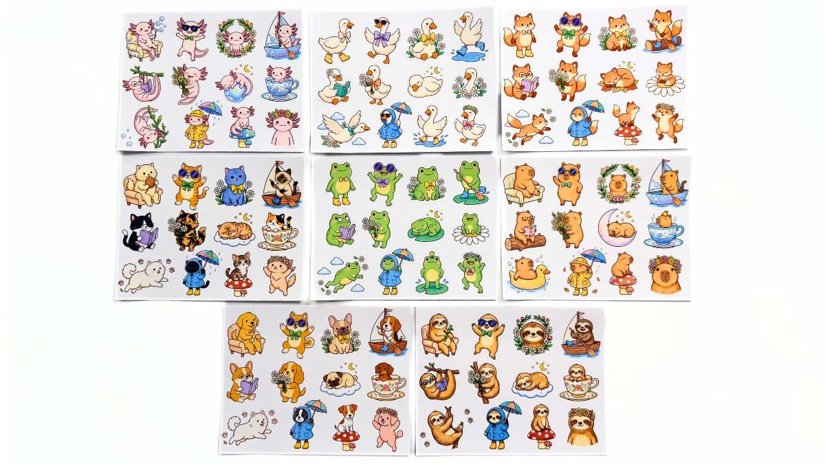 Colorful printable sticker sheets featuring cute cartoon axolotls, ducks, foxes, cats, frogs, capybaras, dogs, and sloths in playful scenes.