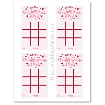 Printable Valentine's Day tic tac toe cards with pink hearts, game grids, and To and From spaces, four cards per page.