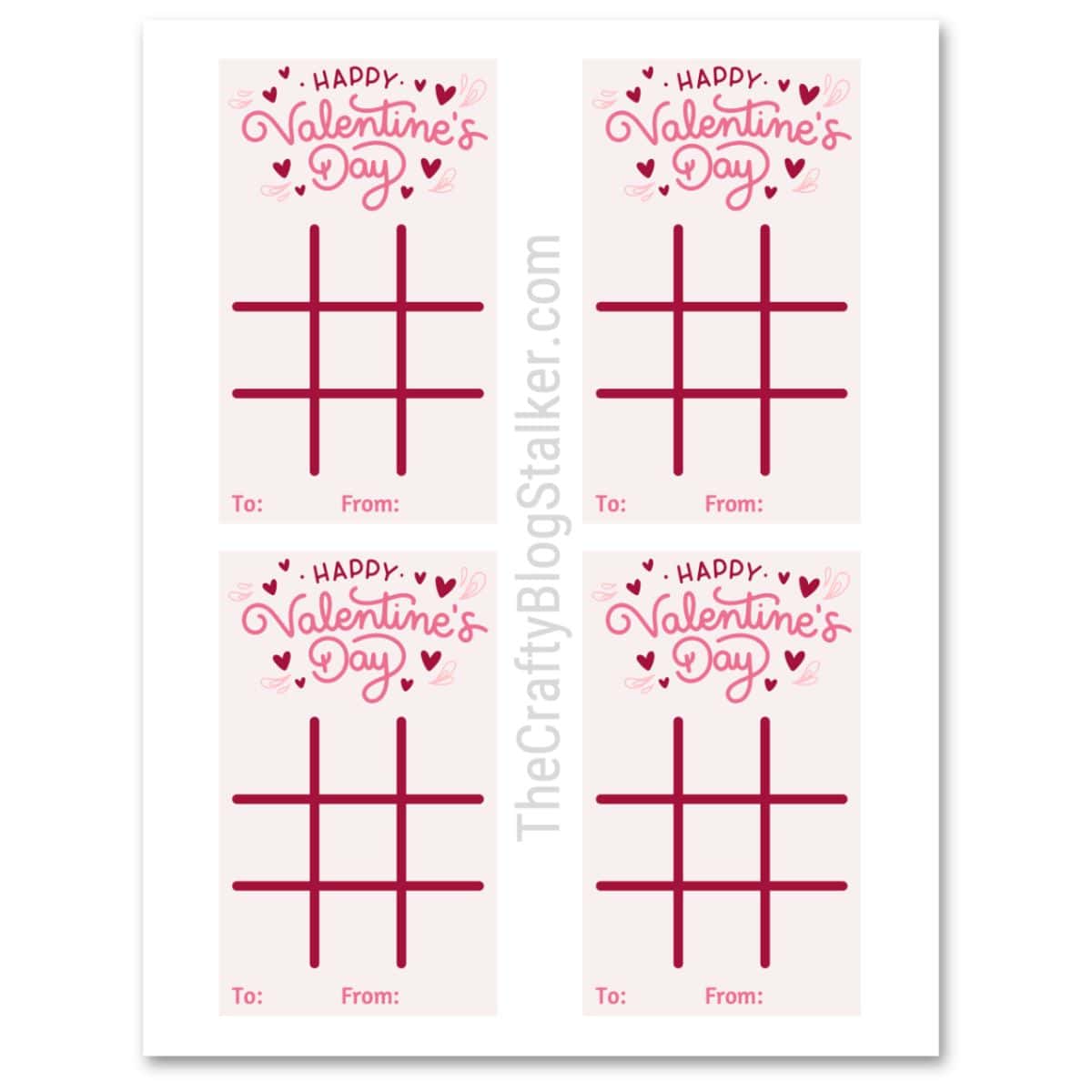 Printable Valentine's Day tic tac toe cards with pink hearts, game grids, and To and From spaces, four cards per page.