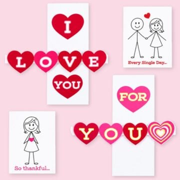 Two handmade Valentine pop-up cards with red and pink hearts spelling “I LOVE YOU,” plus stick figure illustrations and sweet messages.