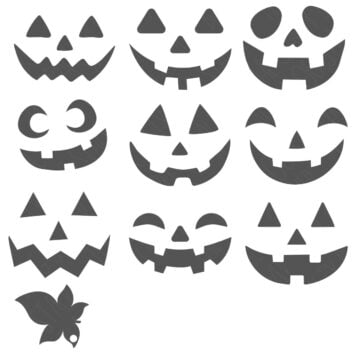 Nine jack-o'-lantern face SVG designs with different eyes, noses, and smiles, plus a pumpkin leaf design.