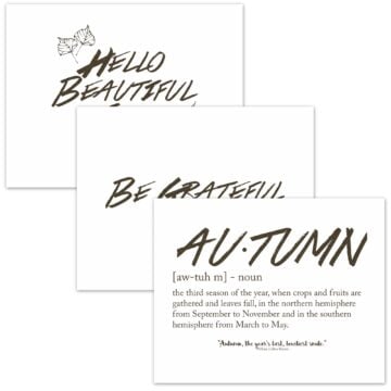 Three minimalist autumn printable designs featuring “Hello Beautiful,” “Be Grateful,” and an autumn definition with a seasonal quote.