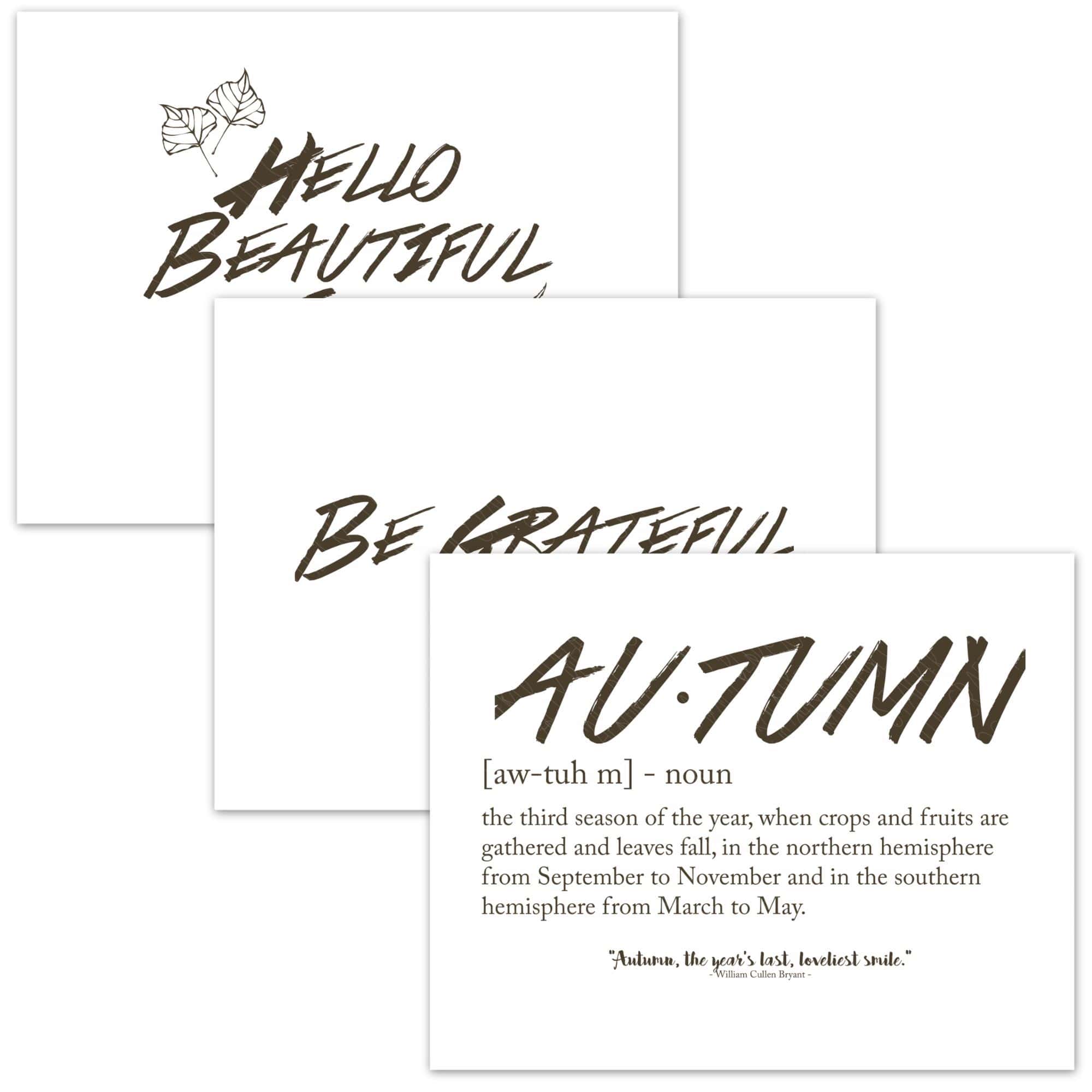 Three minimalist autumn printable designs featuring