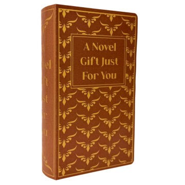 Brown book-shaped gift box with gold decorative details and the words A Novel Gift Just For You on the cover.