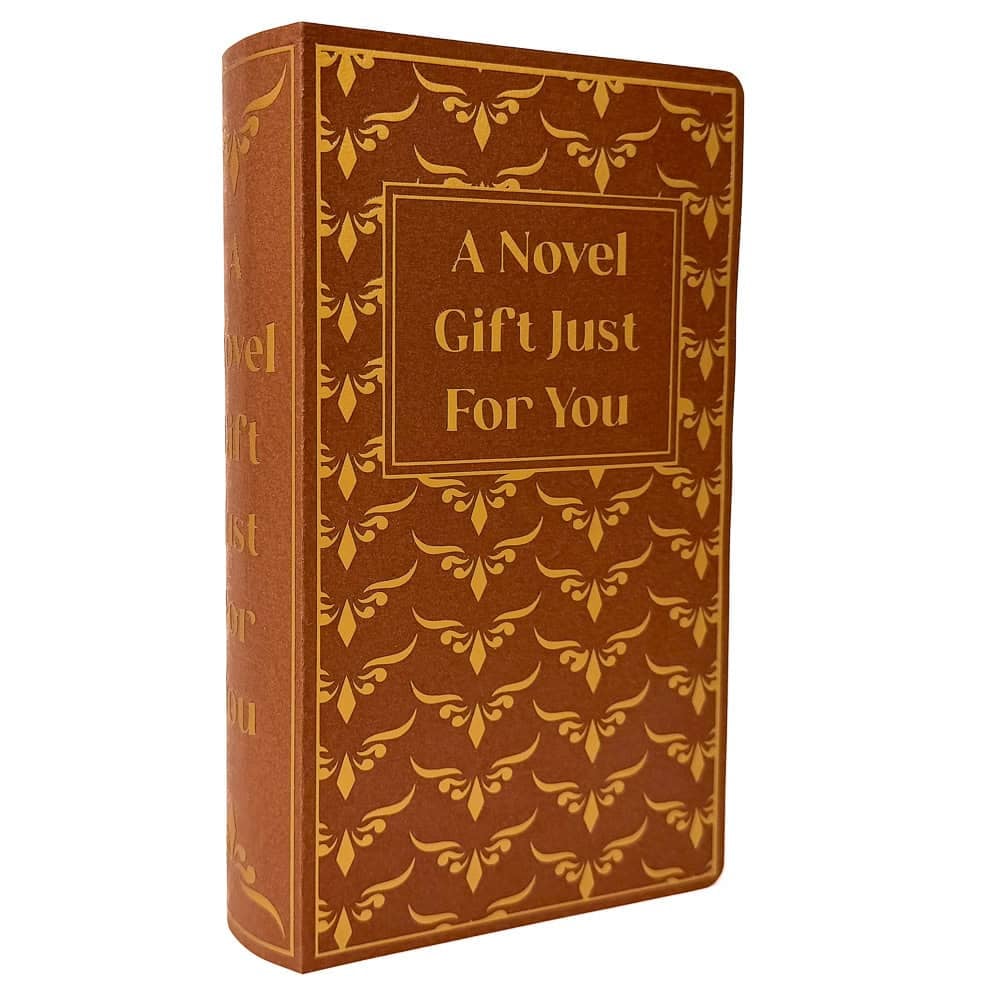 Brown book-shaped gift box with gold decorative details and the words A Novel Gift Just For You on the cover.