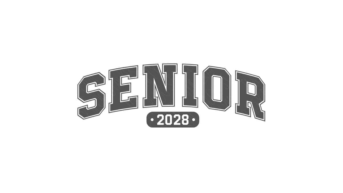 Senior 2028 design with bold arched varsity-style lettering and the graduation year centered below on a white background.