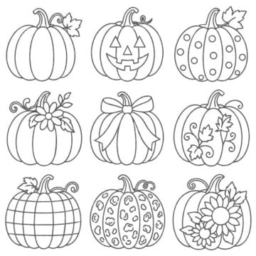 Nine black-and-white pumpkin designs decorated with flowers, leaves, bows, plaid, polka dots, and a jack-o'-lantern face.