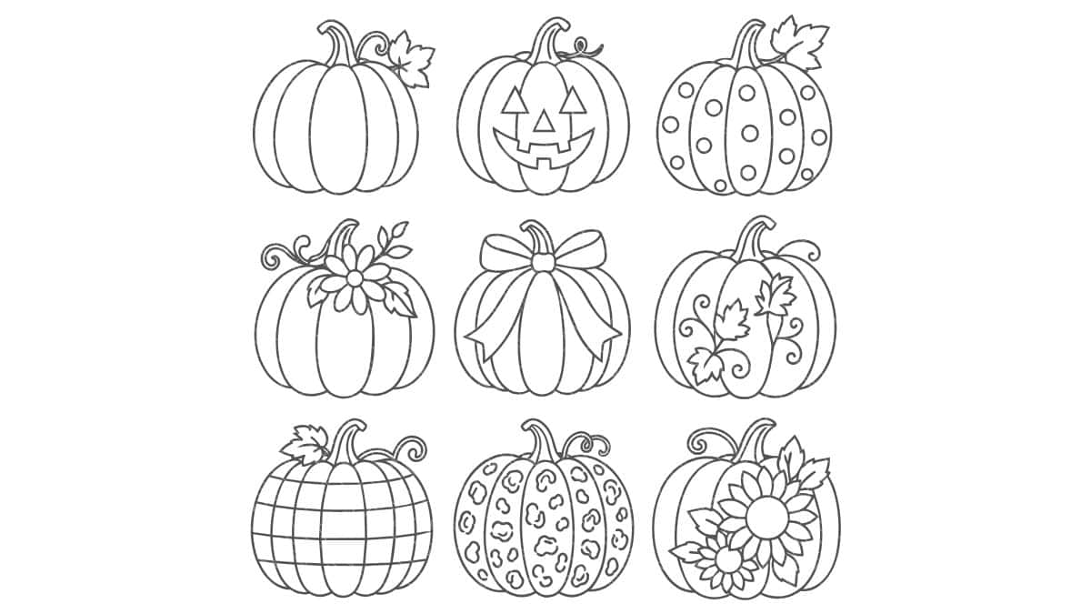 Nine black-and-white pumpkin designs decorated with flowers, leaves, bows, plaid, polka dots, and a jack-o'-lantern face.