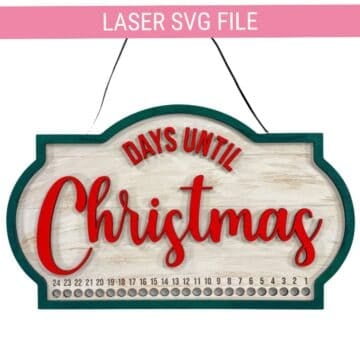 Wooden Days Until Christmas countdown sign with red lettering, green border, and numbered spaces from 24 to 1.