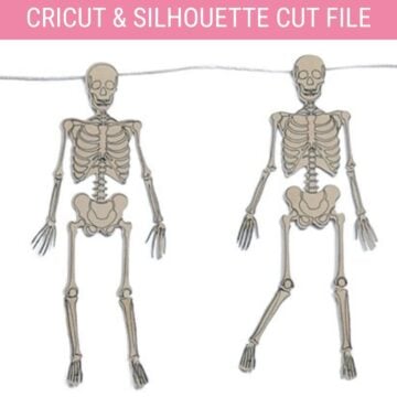 Two paper skeletons hang from a cord with text reading Cricut & Silhouette Cut File.