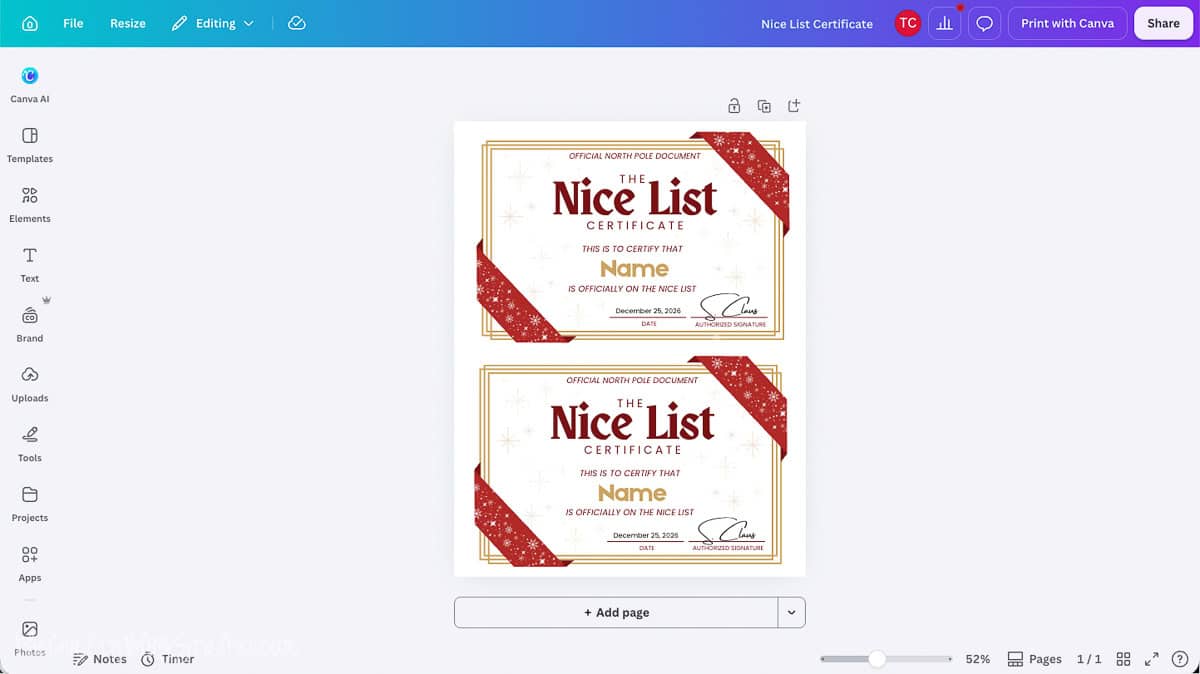 Canva editor displaying two printable Official Nice List certificates with red ribbon corners, gold borders, and customizable name fields.